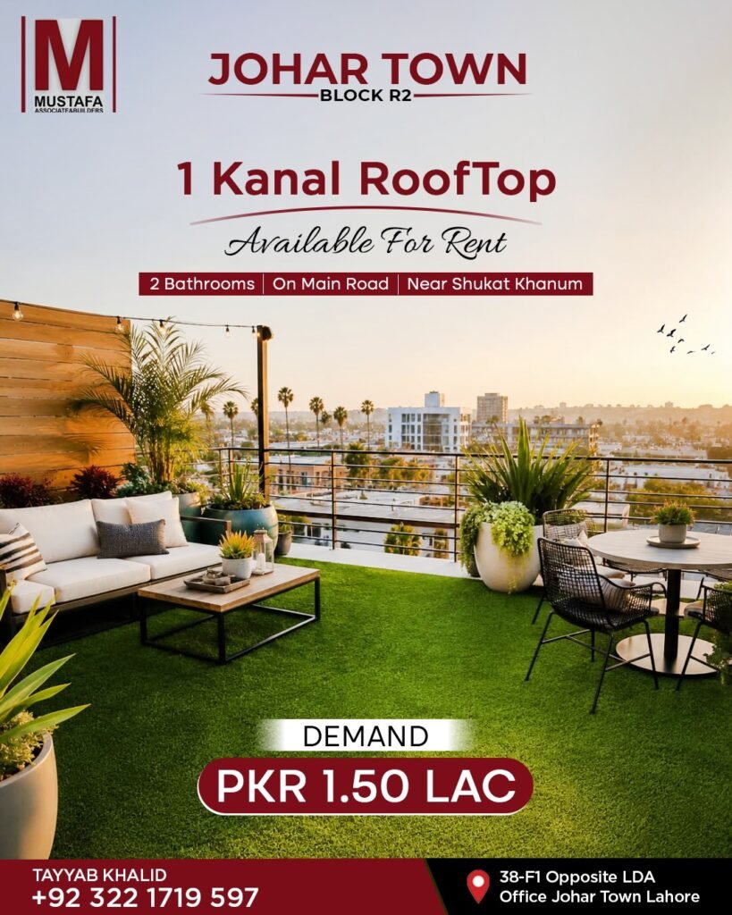 1 Kanal Rooftop for Rent in Johar Town R2 Block Lahore